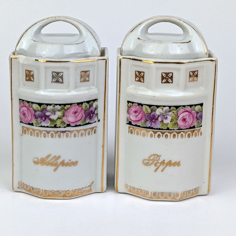 Vintage GMT Co Thuringia Porcelain Spice Jars Allspice Pepper Floral Gold Trim
